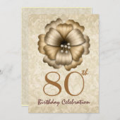 80歳の誕生日パーティーの招待金ゴールドフラワーボウ 招待状 (正面/裏面)
