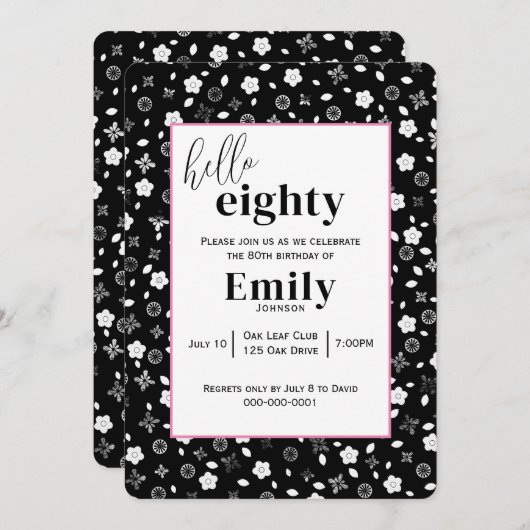 80歳の誕生日パーティーの白黒のポシー 招待状 (正面/裏面)