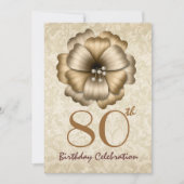 80歳の誕生日パーティーの金ゴールドフラワーボウ 招待状 (正面)