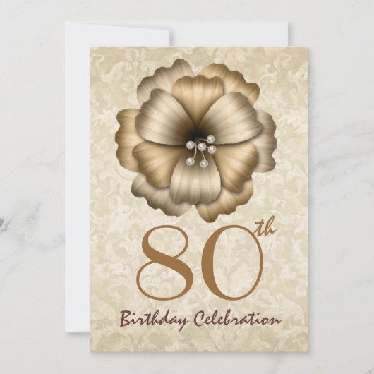 80歳の誕生日パーティーの金ゴールドフラワーボウ 招待状 (正面)