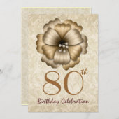 80歳の誕生日パーティーの金ゴールドフラワーボウ 招待状 (正面/裏面)