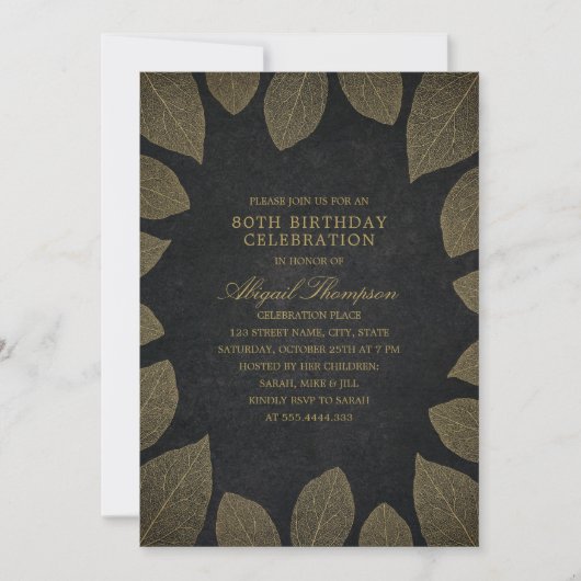 80歳の誕生日パーティーの黒エレガント人金ゴールドズ 招待状 (正面)