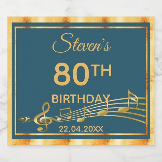 80歳の誕生日パーティーエレガントティール（緑がかった色）と金ゴールド音楽 スパークリングワインラベル (シングルラベル)