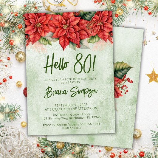 80歳の誕生日パーティークリスマスポインセチアの花 招待状