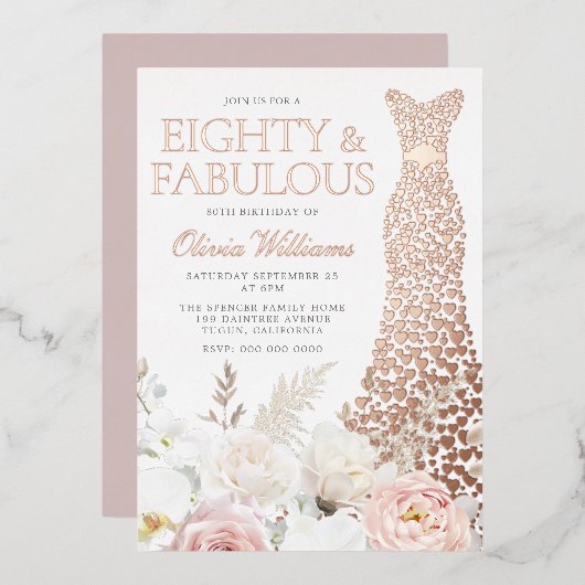 80歳の誕生日パーティーバラ金ゴールド 箔招待状 (正面/裏面)