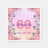 80歳の誕生日パーティーピンクバイオレット花模様紫 スタンダードカクテルナプキン (正面)