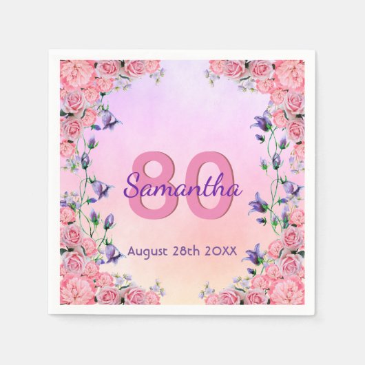 80歳の誕生日パーティーピンクバイオレット花模様紫 スタンダードカクテルナプキン (正面)