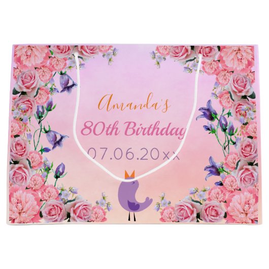 80歳の誕生日パーティーピンクバイオレット花模様 ラージペーパーバッグ (正面)