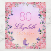 80歳の誕生日パーティーピンク紫の花 ワインラベル (シングルラベル)