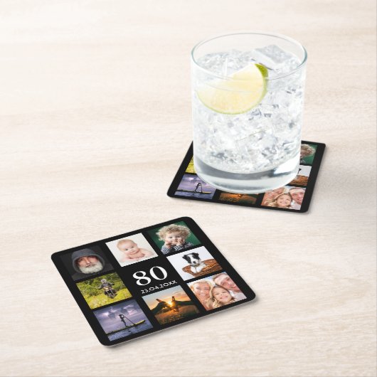 80歳の誕生日パーティー写真コラージュ男ブラック スクエアペーパーコースター (インサイチュ)