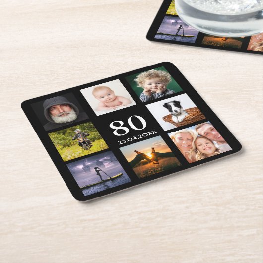 80歳の誕生日パーティー写真コラージュ男ブラック スクエアペーパーコースター (アングル)