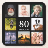 80歳の誕生日パーティー写真コラージュ男ブラック スクエアペーパーコースター (正面)