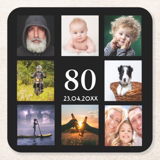 80歳の誕生日パーティー写真コラージュ男ブラック スクエアペーパーコースター (正面)