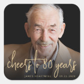 80歳の誕生日パーティー写真チーズ ゴールドスクリプト スクエアシール (正面)