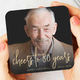 80歳の誕生日パーティー写真チーズ ゴールドスクリプト スクエアペーパーコースター