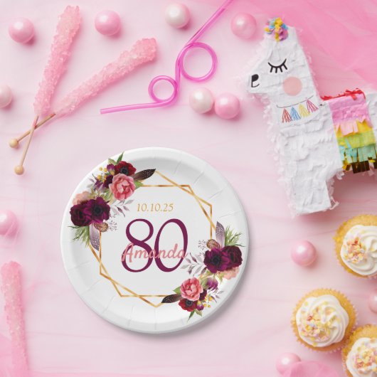 80歳の誕生日パーティー白い金ゴールドgeoフローラブルゴーニュ ペーパープレート (パーティー)