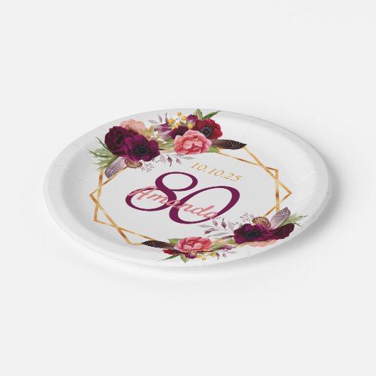 80歳の誕生日パーティー白い金ゴールドgeoフローラブルゴーニュ ペーパープレート (アングル)
