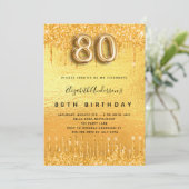80歳の誕生日パーティー金ゴールドグリッター 招待状 (スタンド正面)