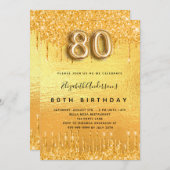 80歳の誕生日パーティー金ゴールドグリッター 招待状 (正面/裏面)