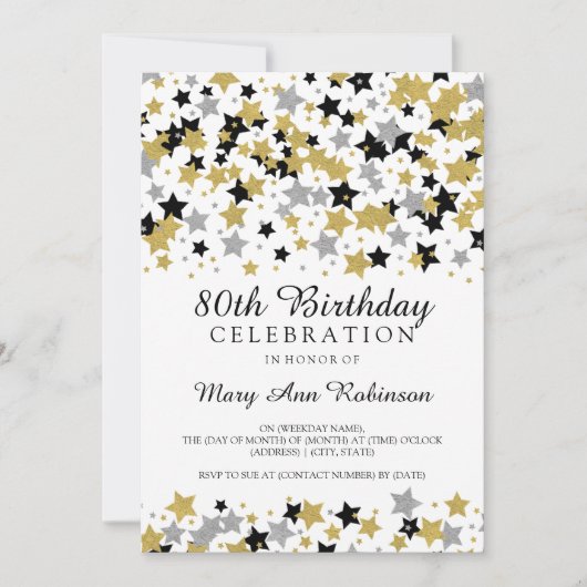 80歳の誕生日パーティー金ゴールドシルバーグリッタースターズ 招待状 (正面)
