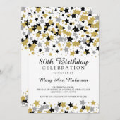 80歳の誕生日パーティー金ゴールドシルバーグリッタースターズ 招待状 (正面/裏面)