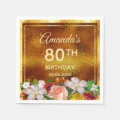 80歳の誕生日パーティー金ゴールド白ピンクの花 スタンダードカクテルナプキン (正面)