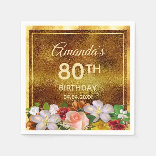 80歳の誕生日パーティー金ゴールド白ピンクの花 スタンダードカクテルナプキン (正面)