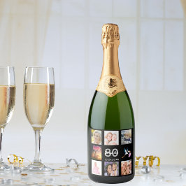 80歳の誕生日パーティー黒写真コラージュ スパークリングワインラベル