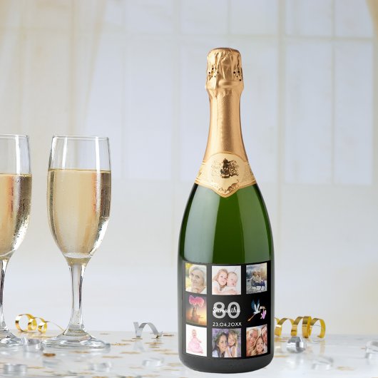 80歳の誕生日パーティー黒写真コラージュ スパークリングワインラベル