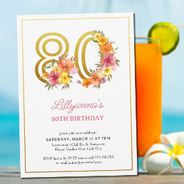 80歳の誕生日パーティー おしゃれな花とゴールドの数字80 私 招待状