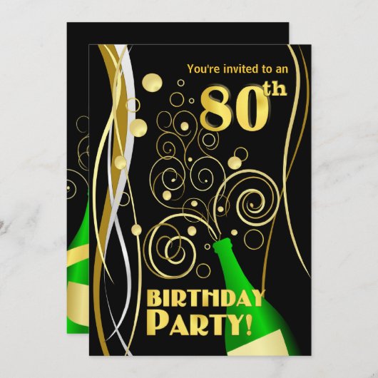 80歳の誕生日パーティー-おもしろいとフェスティバルシャンパン 招待状 (正面/裏面)