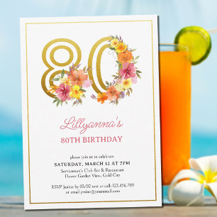 80歳の誕生日パーティー かわいい花のゴールドナンバー80 I 招待状