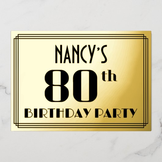 80歳の誕生日パーティー: アールデコ調の「80」と名前 箔招待状 (正面)