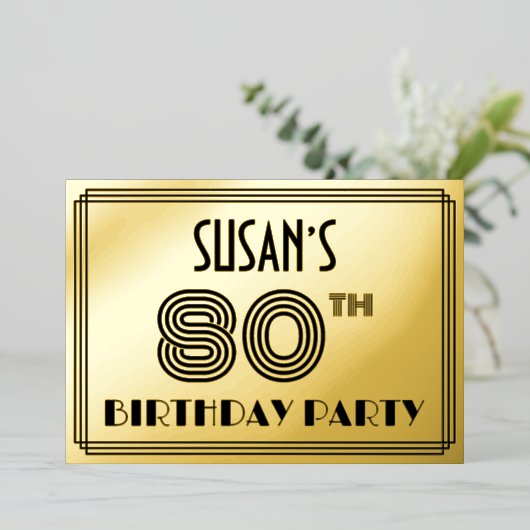 80歳の誕生日パーティー - アールデコ調「80」&名前 箔招待状 (立ち正面)