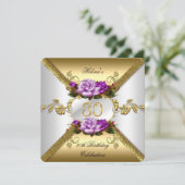 80歳の誕生日パーティー エレガントな紫と金のバラA 招待状 (スタンド正面)