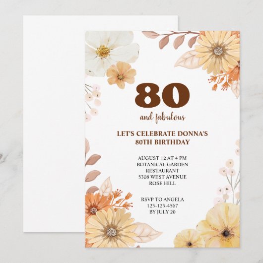 80歳の誕生日パーティー・エレガントな花の招待状 招待状 (正面/裏面)