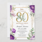 80歳の誕生日パーティー エレガントゴールドパープル牡丹 招待状 (正面)