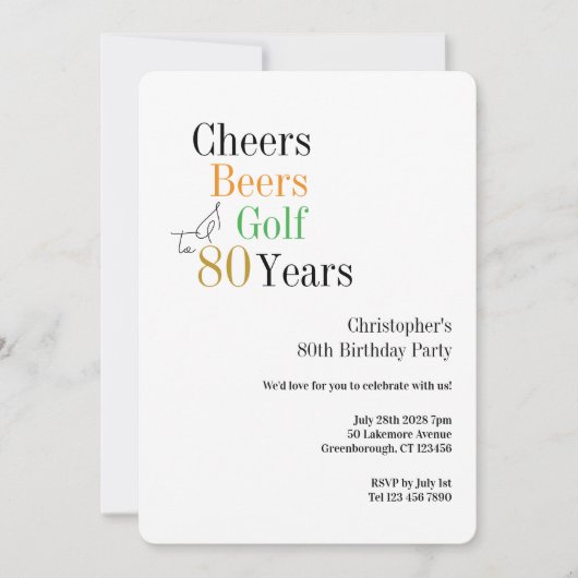 80歳の誕生日パーティー ゴルフ Cheers Beers シンプル 招待状 (正面)