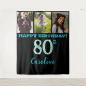 80歳の誕生日パーティー、ターコイズブルーのグリッター & 3枚の写真 タペストリー (正面)