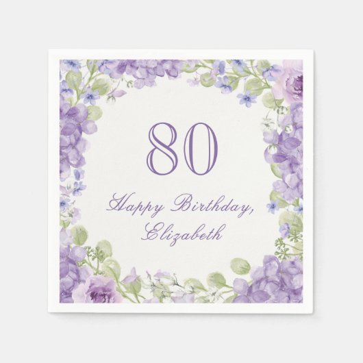 80歳の誕生日パーティー ナプキン 高級感のある紫の花 スタンダードカクテルナプキン (正面)