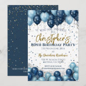 80歳の誕生日パーティー ネイビーバルーン 招待状 (正面/裏面)