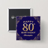 80歳の誕生日パーティー ネイビーブルーとゴールドのグリッター 缶バッジ (正面&裏面)