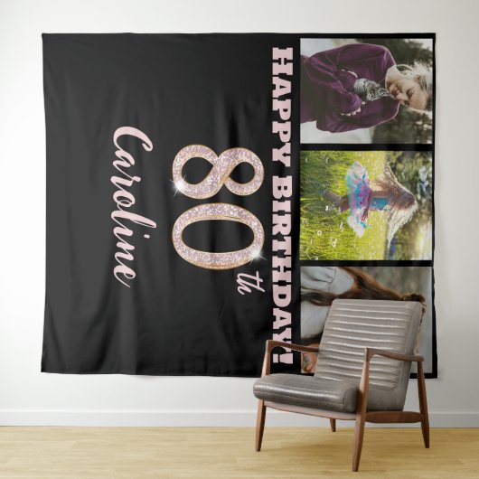 80歳の誕生日パーティー、ローズゴールドのグリッター & 3枚の写真 タペストリー (インサイチュ(横))