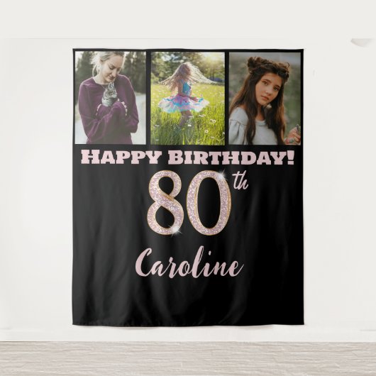 80歳の誕生日パーティー、ローズゴールドのグリッター & 3枚の写真 タペストリー (正面)