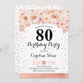 80歳の誕生日パーティー - ローズゴールドの花 招待状 (正面/裏面)
