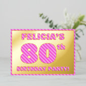 80歳の誕生日パーティー - 派手で楽しいピンクのストライプ #80 箔招待状 (立ち正面)