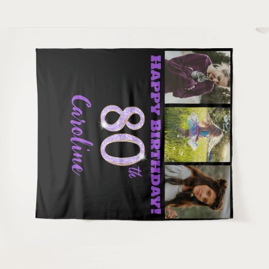 80歳の誕生日パーティー、紫のグリッター＆3枚の写真 タペストリー (正面(横))