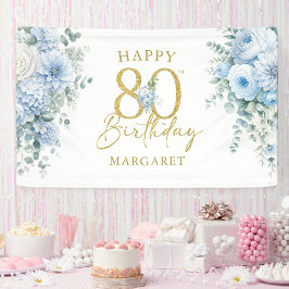80歳の誕生日パーティー 高級感のあるゴールドとくすんだブルーの花 横断幕