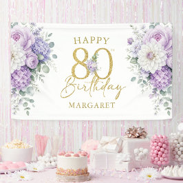 80歳の誕生日パーティー 高級感のあるゴールドと紫の花 横断幕