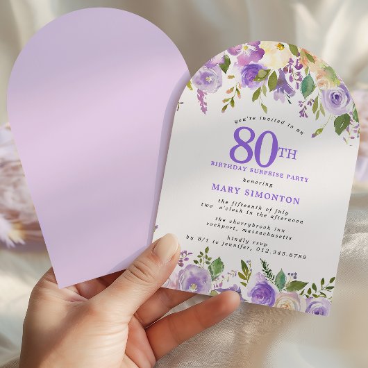 80歳の誕生日パープルの花のアーチのサプライズパーティー 招待状